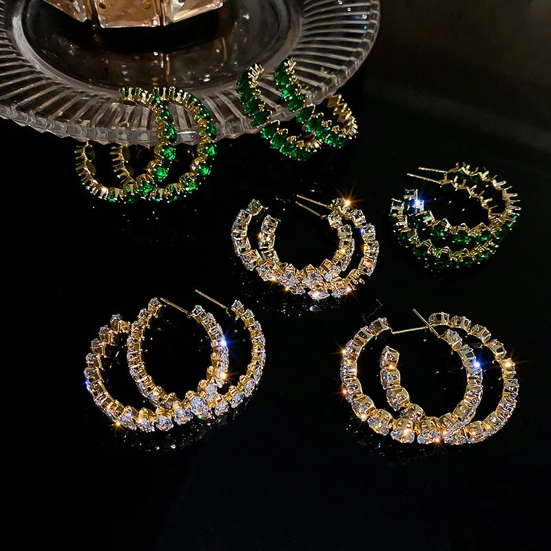 Daiiibabyyy  Green Zircon C-shaped Earrings for Female Fashion Exaggerated Hoop Earrings Inlaid Rhinestone Women's Jewelry for Party