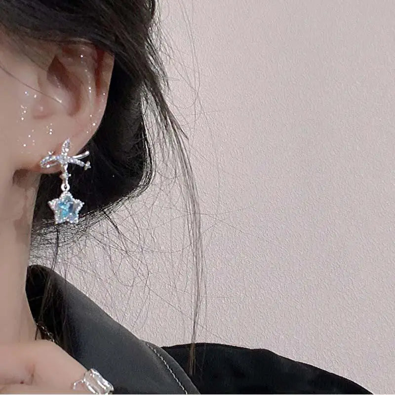 DAIIIBABYYY  -  Korean Fashion Blue Zircon Star Stud Earrings for Women Creative Shiny Rhinestone Bowknot Earrings Sweet Girls Jewelry Gifts
