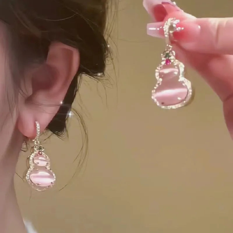 DAIIIBABYYY  -  New Chinese Traditional Pink Jade Gourd Shape Drop Earrings Women Ear Buckle Style Rhinestone Earring Wedding Jewelry