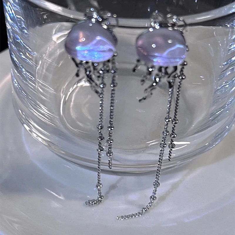 Daiiibabyyy Lovely Deep-Sea Jellyfish Elves Long Tassel Drop Earrings Mini Star Transparent Crystal Chain Earrings Women Jewelry Gifts