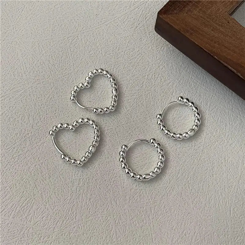 DAIIIBABYYY  -  Simple Silver Color Round Bead Heart-Shaped Circular Ear Buckle Fashion Small Versatile Earrings Women's Jewelry