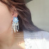 DAIIIBABYYY  -  Blue peach jade earrings Korean niche fresh and elegant flower beaded tassel earrings