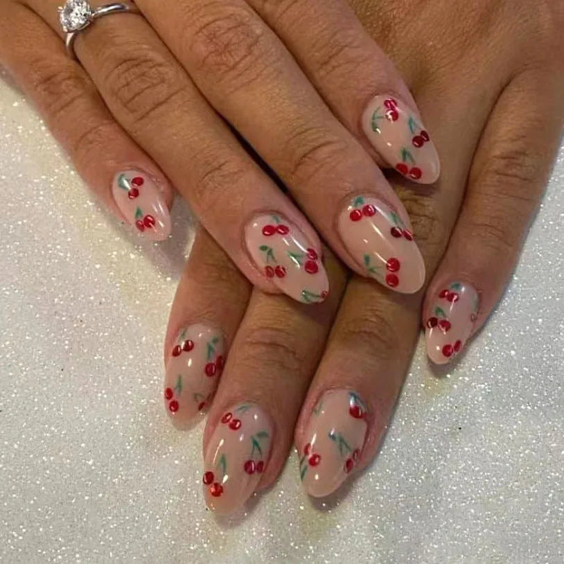 Daiiibabyyy  24pcs Wearable Nails Sets Press on Bow Rhinestone Design Almond Fake Nails Tips Flower Pink Long Nail Art Finished False Nail