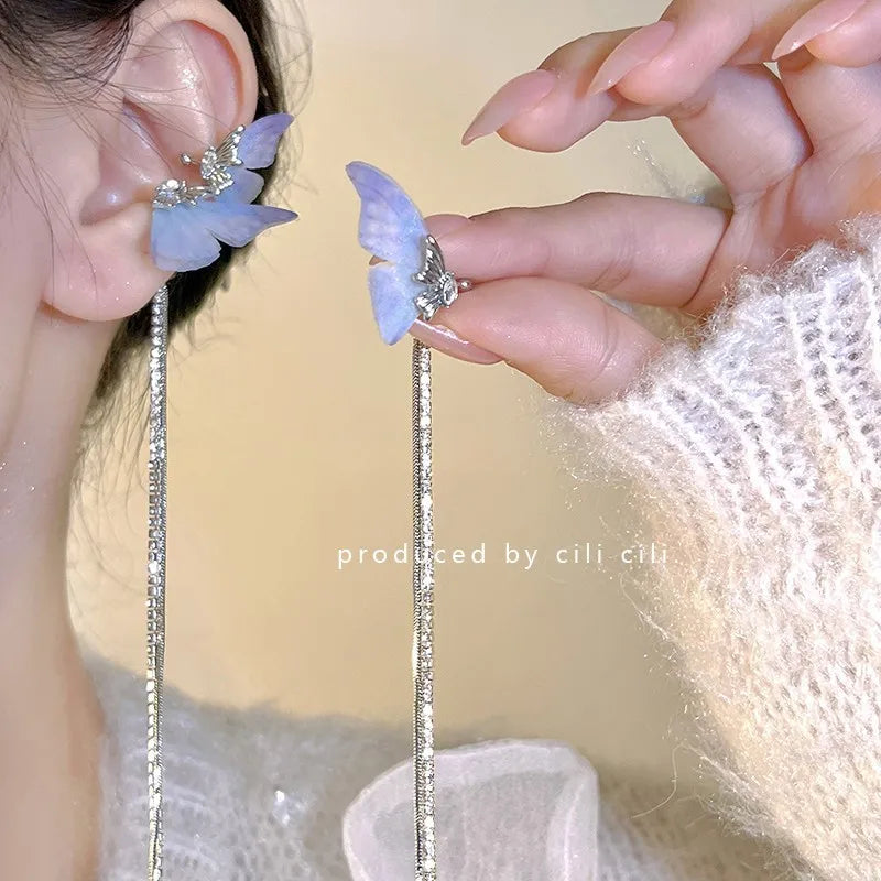 DAIIIBABYYY  -  Women Fairy Korean Fashion Butterfly Star Bow-knot Ear Clip Earrings Rhinestone Long Pearl Tassel Drop Ear Cuff Jewelry
