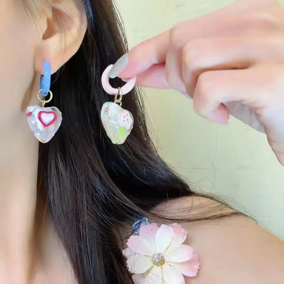 DAIIIBABYYY  -  Colorful Asymmetrical Enamel Flowers Heart Shape Drop Earrings for Women Girls Cute Handmade Hoop Earrings Holiday Jewelry Gifts