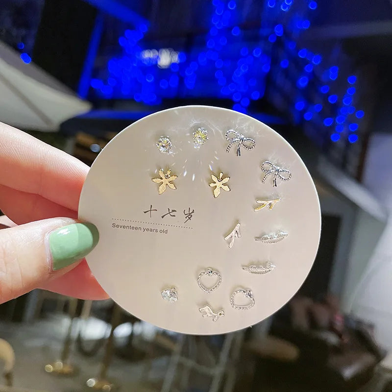 DAIIIBABYYY  -  Korean Fashion New Week Stud Earrings Set for Women Mini Sweet Pearl Heart Bow Rainbow Earring Luxury Jewelry Gift