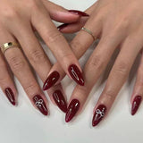 Daiiibabyyy  White Glitter Powder Bowknot Long Pointed Fake Nails Art Ballet False Nail Cow Print Pearl Rhinestone Pink Almond Press on Nails