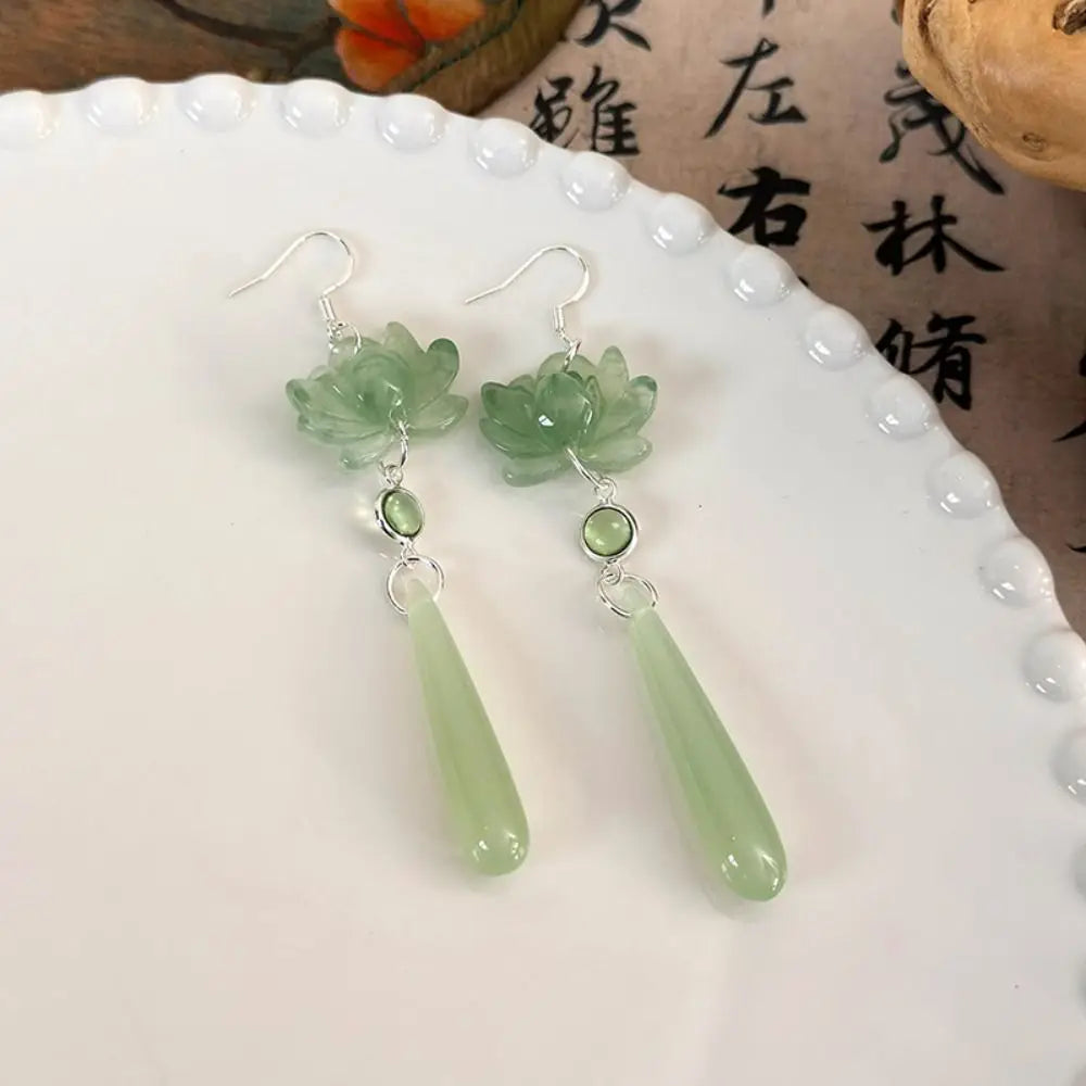 DAIIIBABYYY  -  Simple Lotus Pendant Ear Hooks Elegant Retro Chinese Classic Earrings Chinese Ancient Style Handmade Lotus Water Drop Earrings