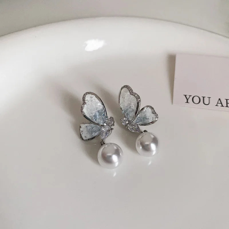 DAIIIBABYYY  -  Luxury Blue Gradient Crystal Butterfly Flower Pearl Earrings Flower Geometric Women Korean Fashion Kpop Tassel Earring