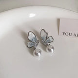 DAIIIBABYYY  -  Luxury Blue Gradient Crystal Butterfly Flower Pearl Earrings Flower Geometric Women Korean Fashion Kpop Tassel Earring