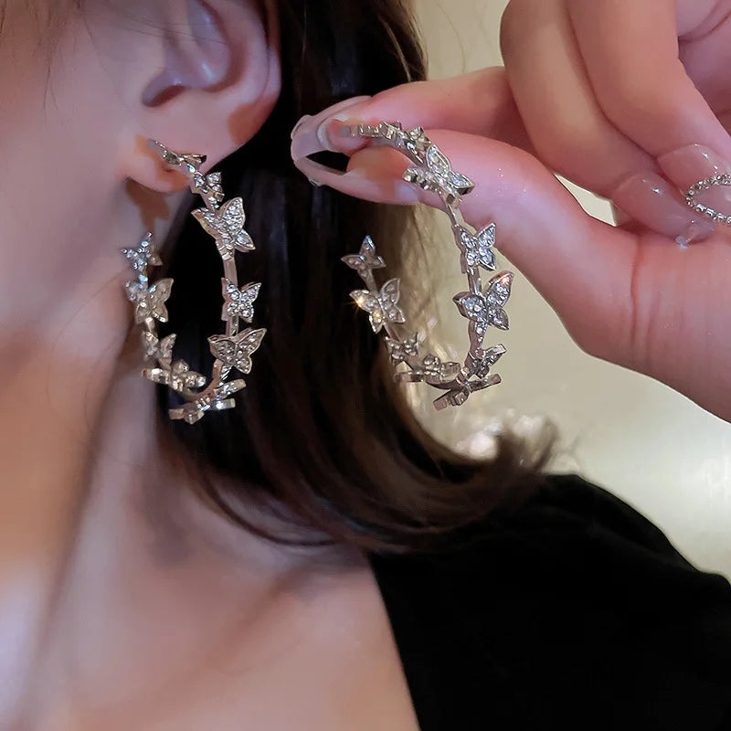 Daiiibabyyy  Butterfly Hoop Earrings for Woman Geometric Rhinestones Earrings Party Women Jewelry Gifts