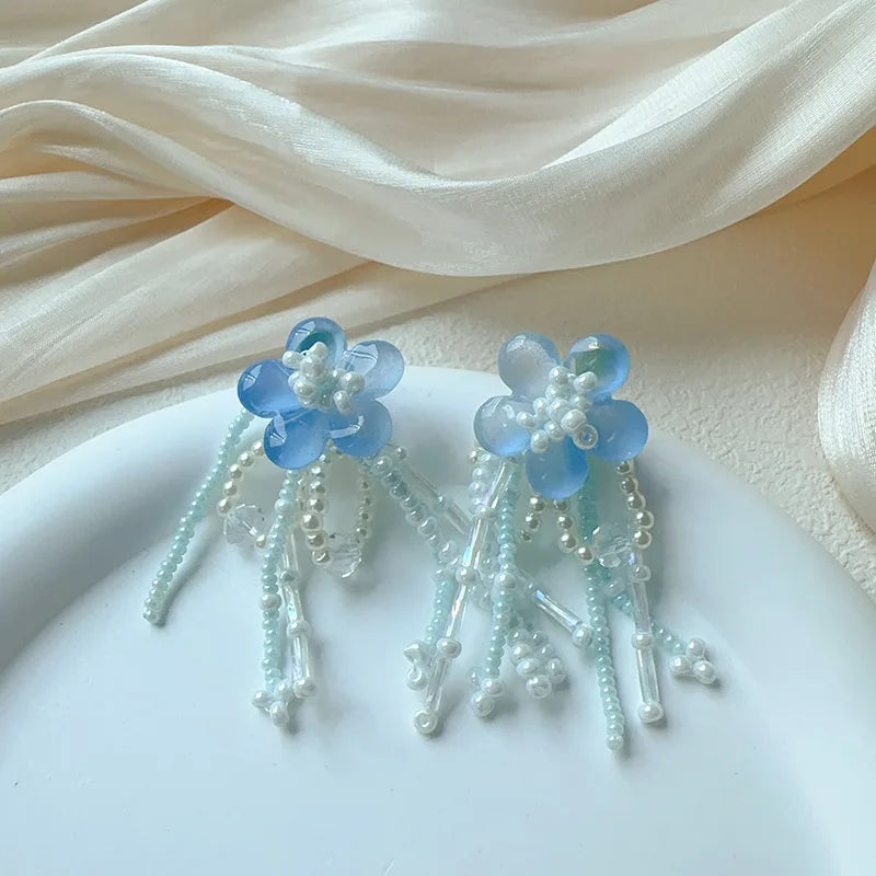 DAIIIBABYYY  -  Blue peach jade earrings Korean niche fresh and elegant flower beaded tassel earrings