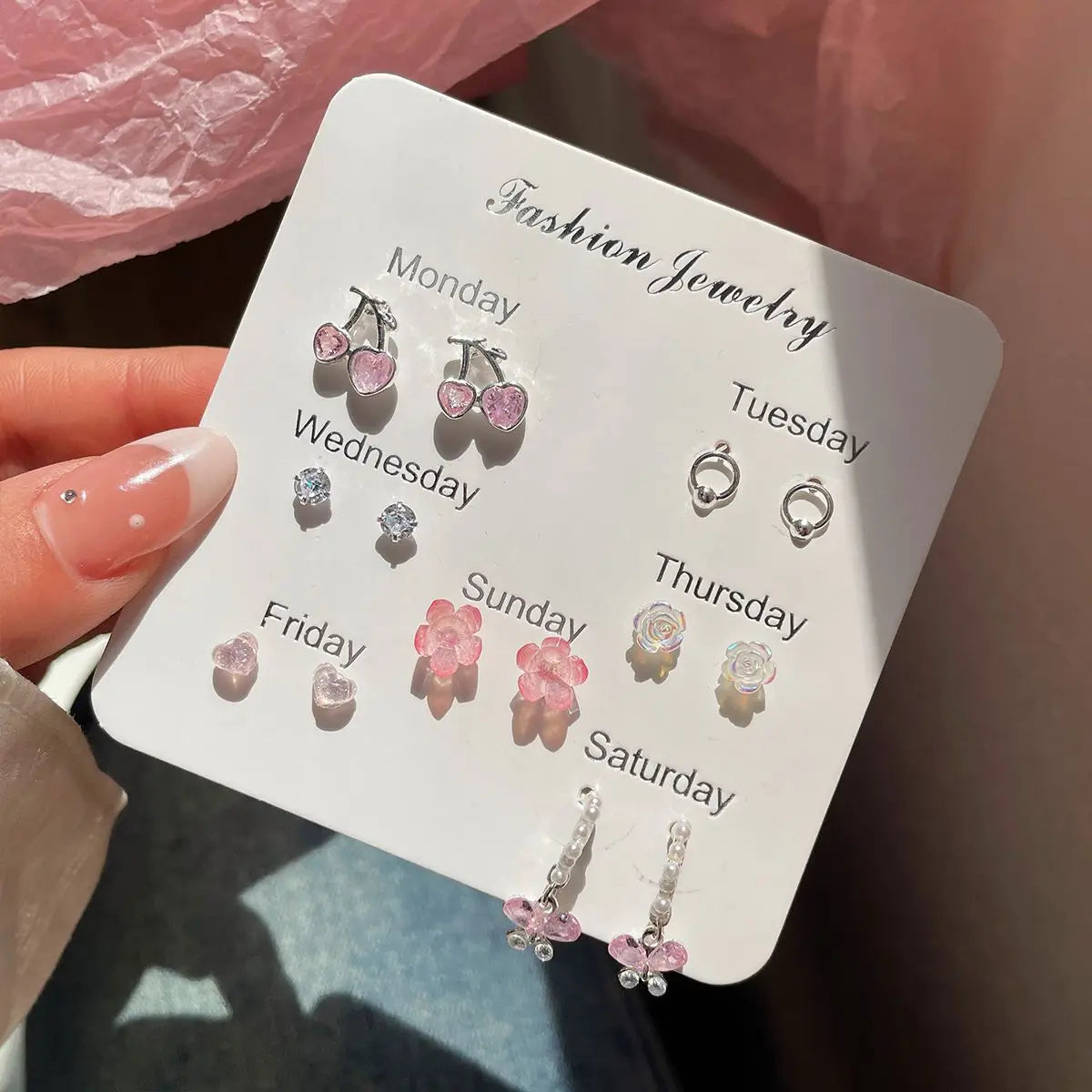 DAIIIBABYYY  -  Summer New Shiny Pink Flower Cherry Butterfly Star Pearl Stud Earrings Set for Women Girls One Week Korean Fashion Jewelry Gift