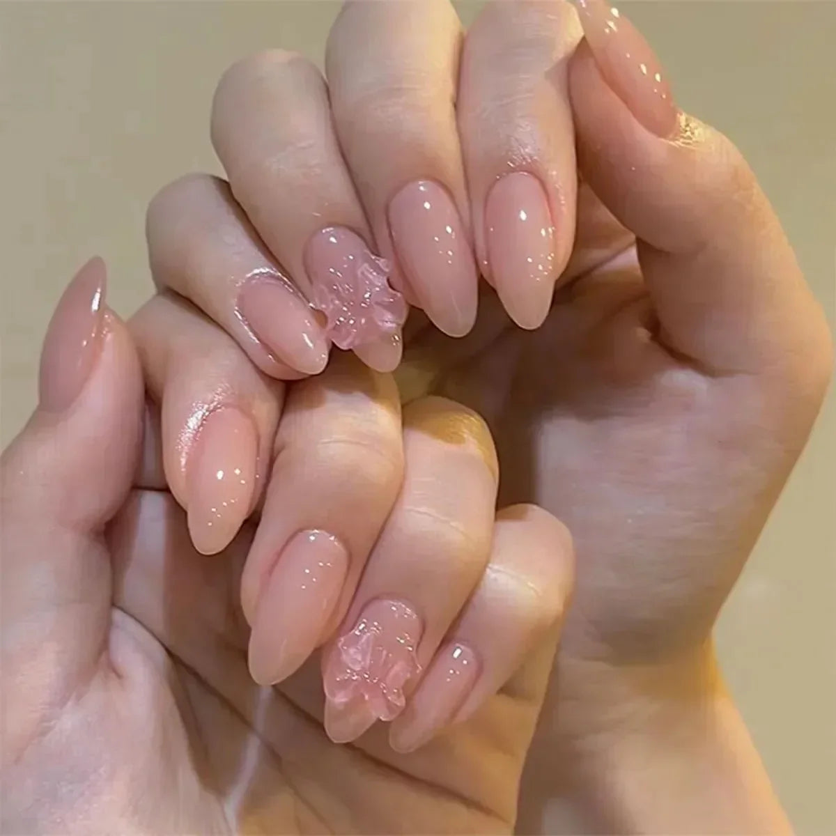 Daiiibabyyy  White Glitter Powder Bowknot Long Pointed Fake Nails Art Ballet False Nail Cow Print Pearl Rhinestone Pink Almond Press on Nails