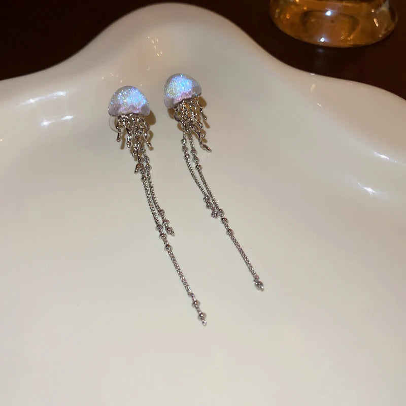 Daiiibabyyy Lovely Deep-Sea Jellyfish Elves Long Tassel Drop Earrings Mini Star Transparent Crystal Chain Earrings Women Jewelry Gifts