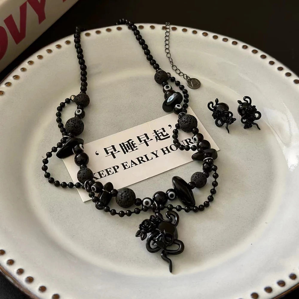 DAIIIBABYYY  -  Trendy Cool Punk Black Dripping Snake Rose Skull Necklace Women's Fashion Delicate Dark Earrings Choker