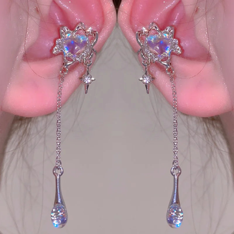 DAIIIBABYYY  -  Y2K Sweet Cool Love Heart Tassel Star Earring Shiny Moonstone Star Pendant Stud Earrings Fashion Earring Party Jewelry Gifts