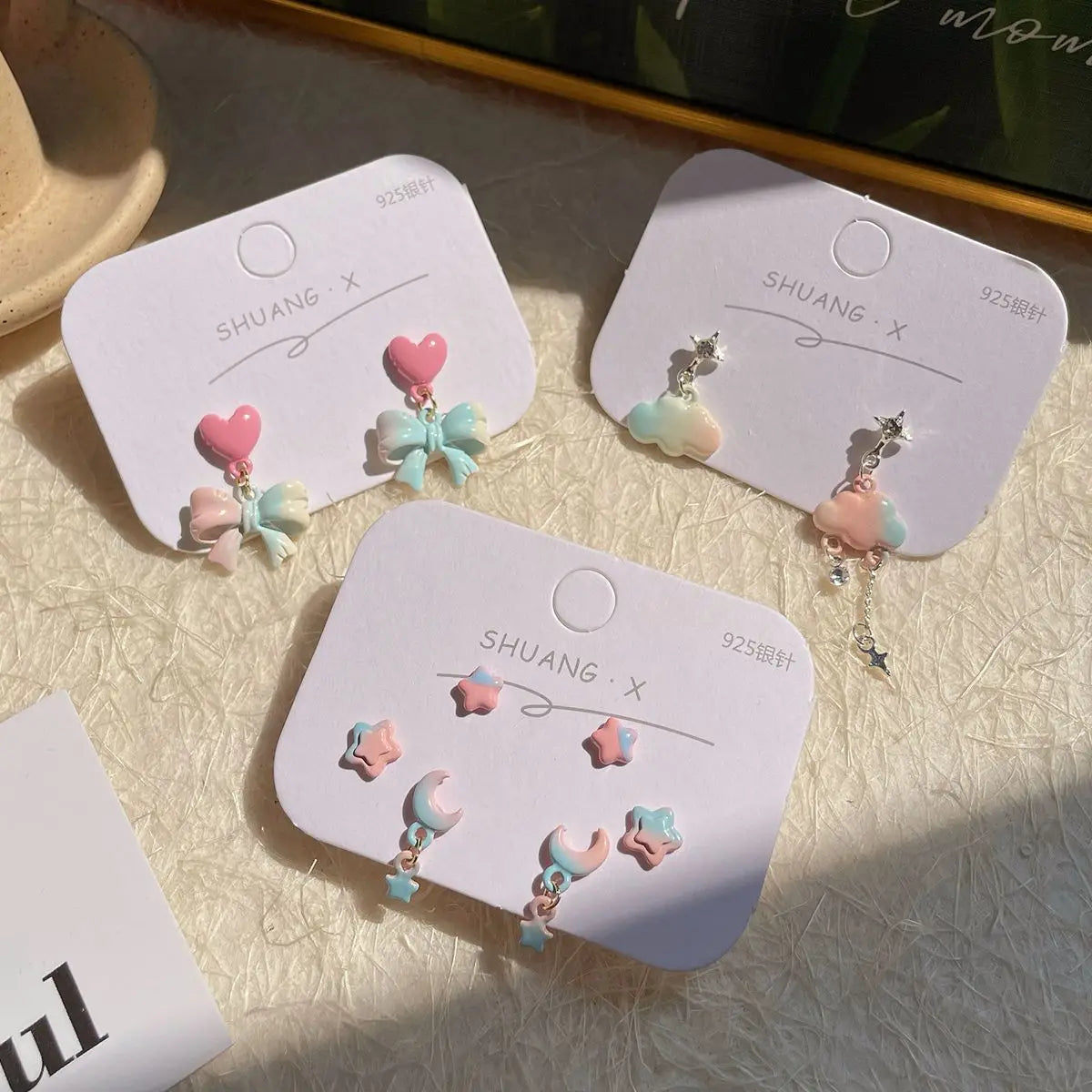 DAIIIBABYYY  -  Gradient Color Pink Blue Summer Bowknot Moon Star Pendant Earrings Set Women Korean Fashion Sweet Heart Stud Earring Jewelry