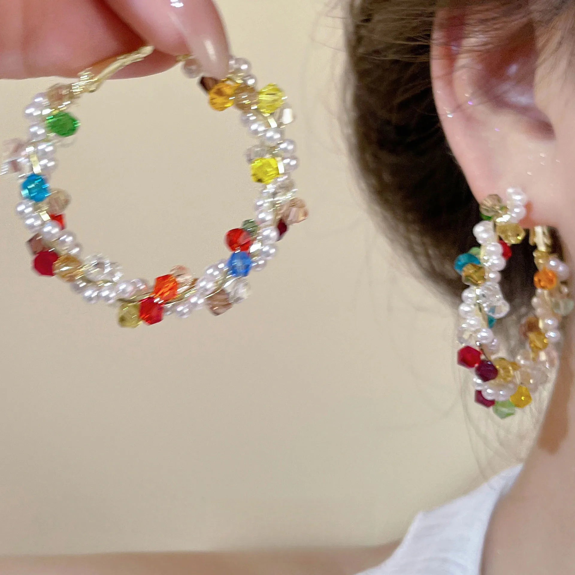 Daiiibabyyy  Shiny Colored Rhinestone Hoop Earrings for Women Exaggerated Geometric Crystal Large Circle Earrings Pearl Bead Earrings Jewelry