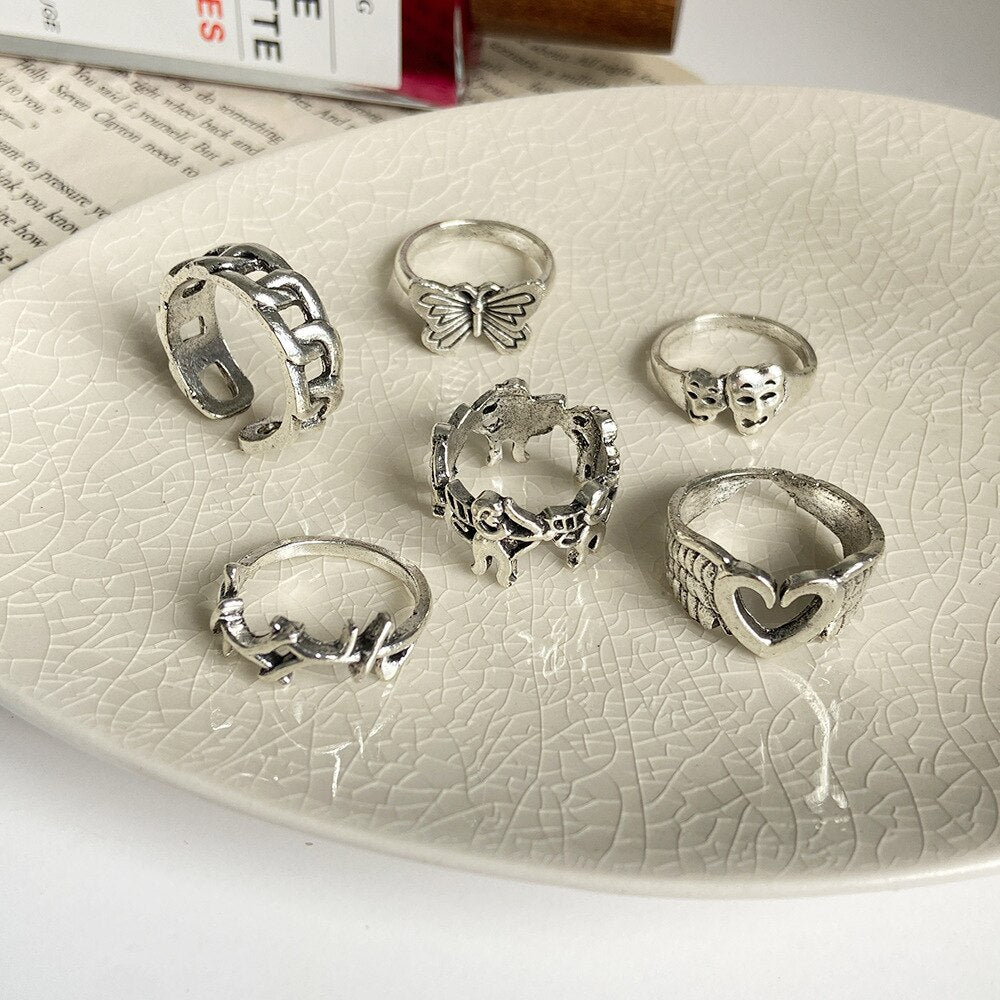 6 Retro Punk Butterfly Rings Ladies Men's Antique Silver Geometric Ring Gifts Nepal Ring  Rings for Men daiiibabyyy
