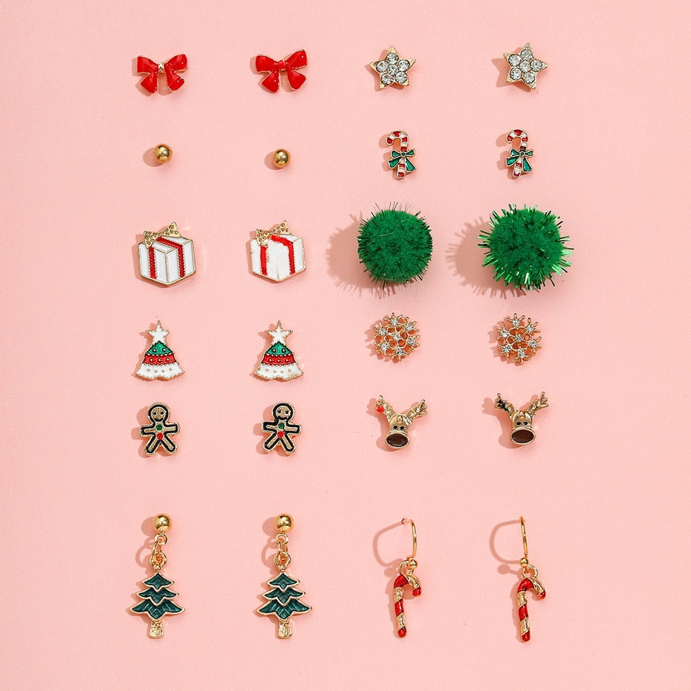 8pair/set Christmas Earrings Cute Santa Claus Snowman Christmas Tree Bell Stud Earrings For Women Fashion Party Jewelry Gifts daiiibabyyy