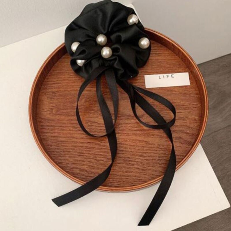 Bow Tie Pearl Hair Accessories Simple Temperament Ponytail Head Rope Ribbon Hair Tie All-match Sweet Korean Style Headdress daiiibabyyy