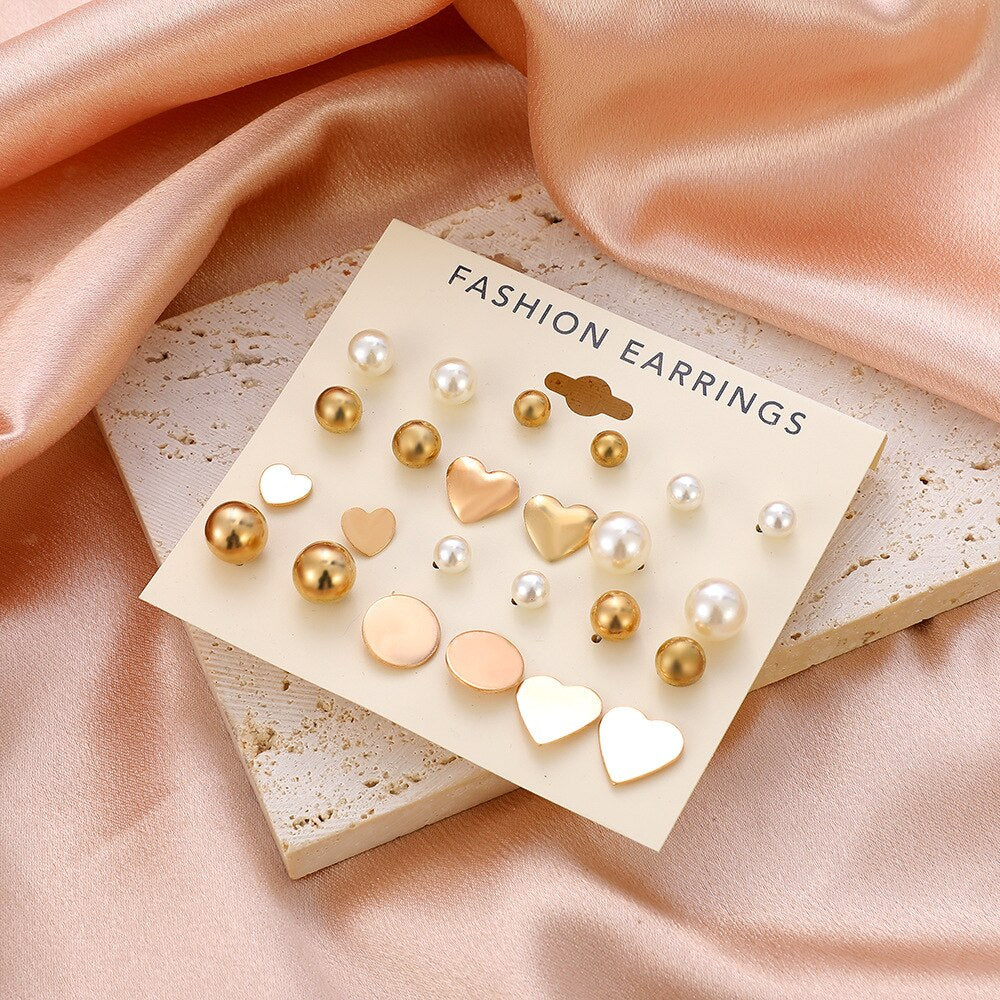 24pcs Women's Earrings Set Pearl Earrings for Women Bohemian Fashion Jewelry 2022 Geometric Crystal Heart Stud Earrings daiiibabyyy