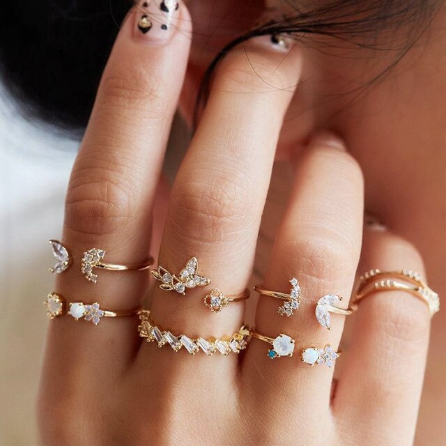 Bohemian Geometric Rings Sets Crystal Star Moon Flower Butterfly Constellation Knuckle Finger Ring Set For Women Fashion Jewelry daiiibabyyy
