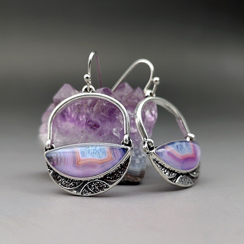 Bohemian Style Silver Color Natural Purple Stone Drop Dangle Earrings for Women Bride Wedding Engagement Jewelry daiiibabyyy
