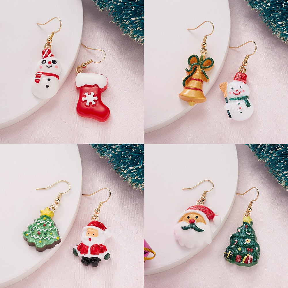 Asymmetry Acrylic Resin Christmas Earrings Cartoon Santa Claus Snowman Xmas Tree Drop Earrings Female Christmas Gifts Jewelry daiiibabyyy