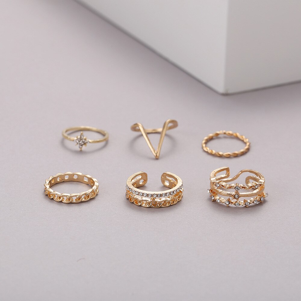 5pcs New Personality Golden Ring Creative Geometric Inlaid Rhinestone Girl and Lady Ring daiiibabyyy