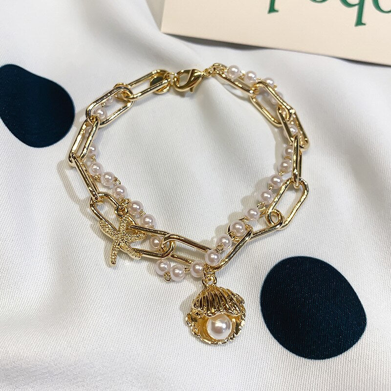 Bracelet for Women Fashion Shell Pearl Pendant Bracelet Light Luxury Double Crystal Bracelet Jewelry Accessories Wholesale daiiibabyyy