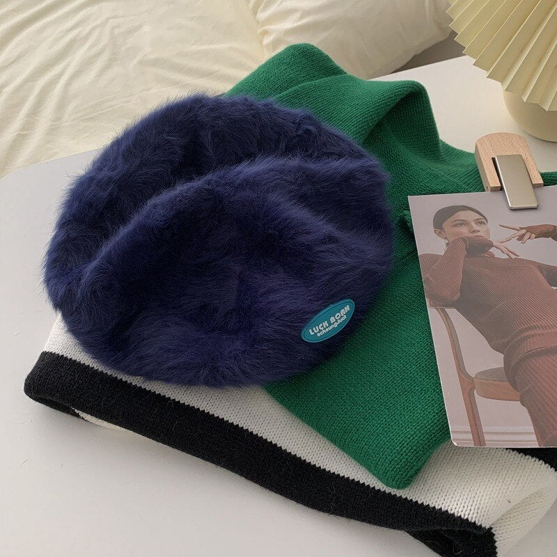 Autumn and Winter Warm Candy Color Painter Hat Rabbit Fur Women Beret Women Luck Born Slogan Fashion Hat Luxury Winter Woman Hat daiiibabyyy
