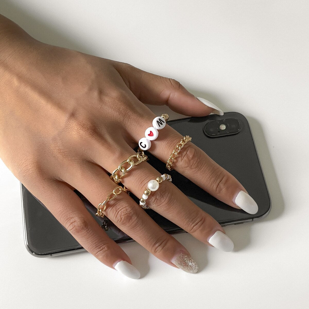 5pcs/set Trendy Geometric Hollow Link Chain Rings Simple Creative Jewelry Acrylic Letter Statement Rings Jewelry For Women Gifts daiiibabyyy