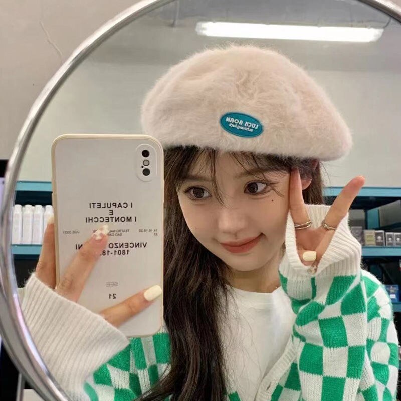 Autumn and Winter Warm Candy Color Painter Hat Rabbit Fur Women Beret Women Luck Born Slogan Fashion Hat Luxury Winter Woman Hat daiiibabyyy
