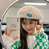 Autumn and Winter Warm Candy Color Painter Hat Rabbit Fur Women Beret Women Luck Born Slogan Fashion Hat Luxury Winter Woman Hat daiiibabyyy