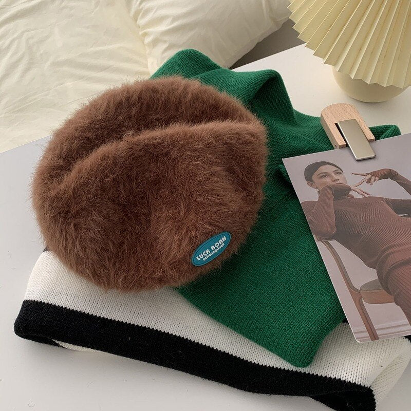 Autumn and Winter Warm Candy Color Painter Hat Rabbit Fur Women Beret Women Luck Born Slogan Fashion Hat Luxury Winter Woman Hat daiiibabyyy