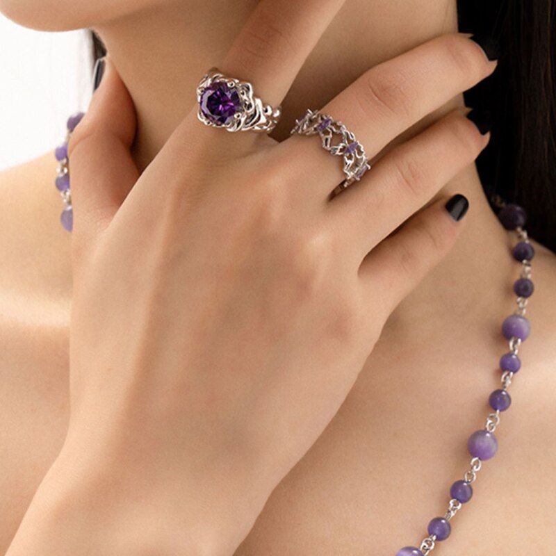 Vintage Green Purple Crystal Rhinestone Opening Finger Knuckle Rings Charm Opal Beads Necklace Girls Party Gift Fashion Jewelry daiiibabyyy