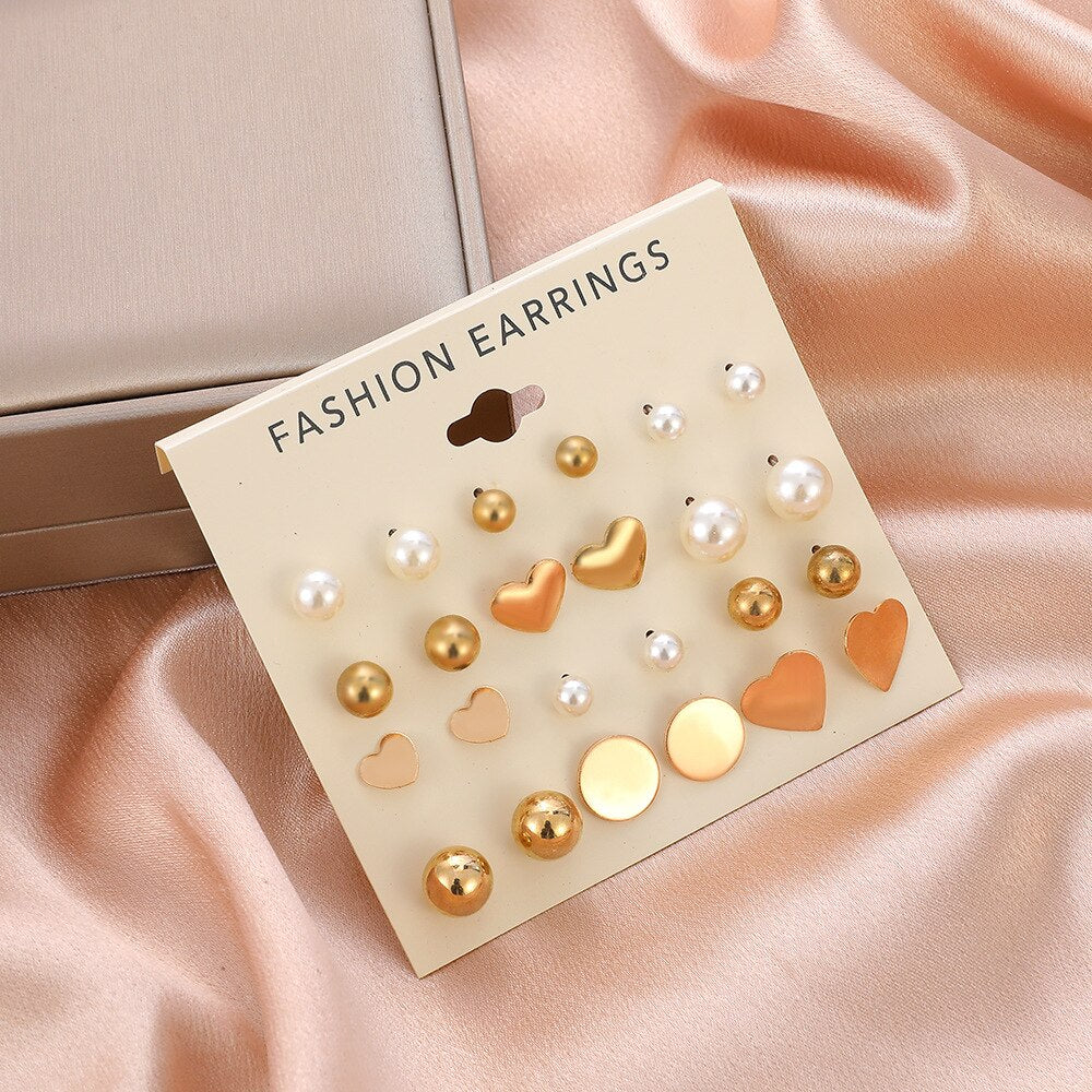 24pcs Women's Earrings Set Pearl Earrings for Women Bohemian Fashion Jewelry 2022 Geometric Crystal Heart Stud Earrings daiiibabyyy