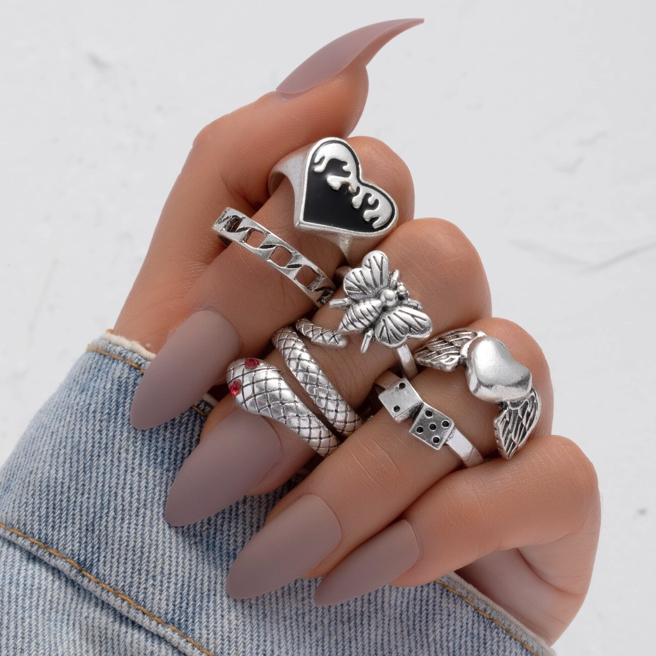 Brand New Retro Love Heart Silver Ring Men's and Women's Snake-shaped Dice Punk Style Jewelry Ring Always Love Combination 5 daiiibabyyy