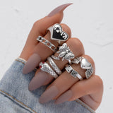Brand New Retro Love Heart Silver Ring Men's and Women's Snake-shaped Dice Punk Style Jewelry Ring Always Love Combination 5 daiiibabyyy
