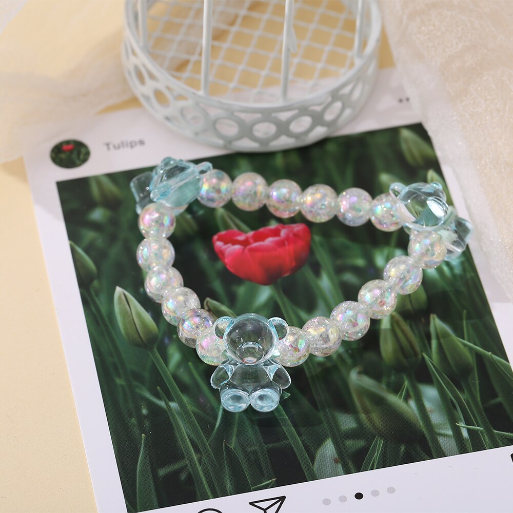 Acrylic Women Hair Ties Elastic Rubber Bands Girl Crystal Bear Korean Bracelet Head Accessories Handmade Horsetail Wholesale daiiibabyyy
