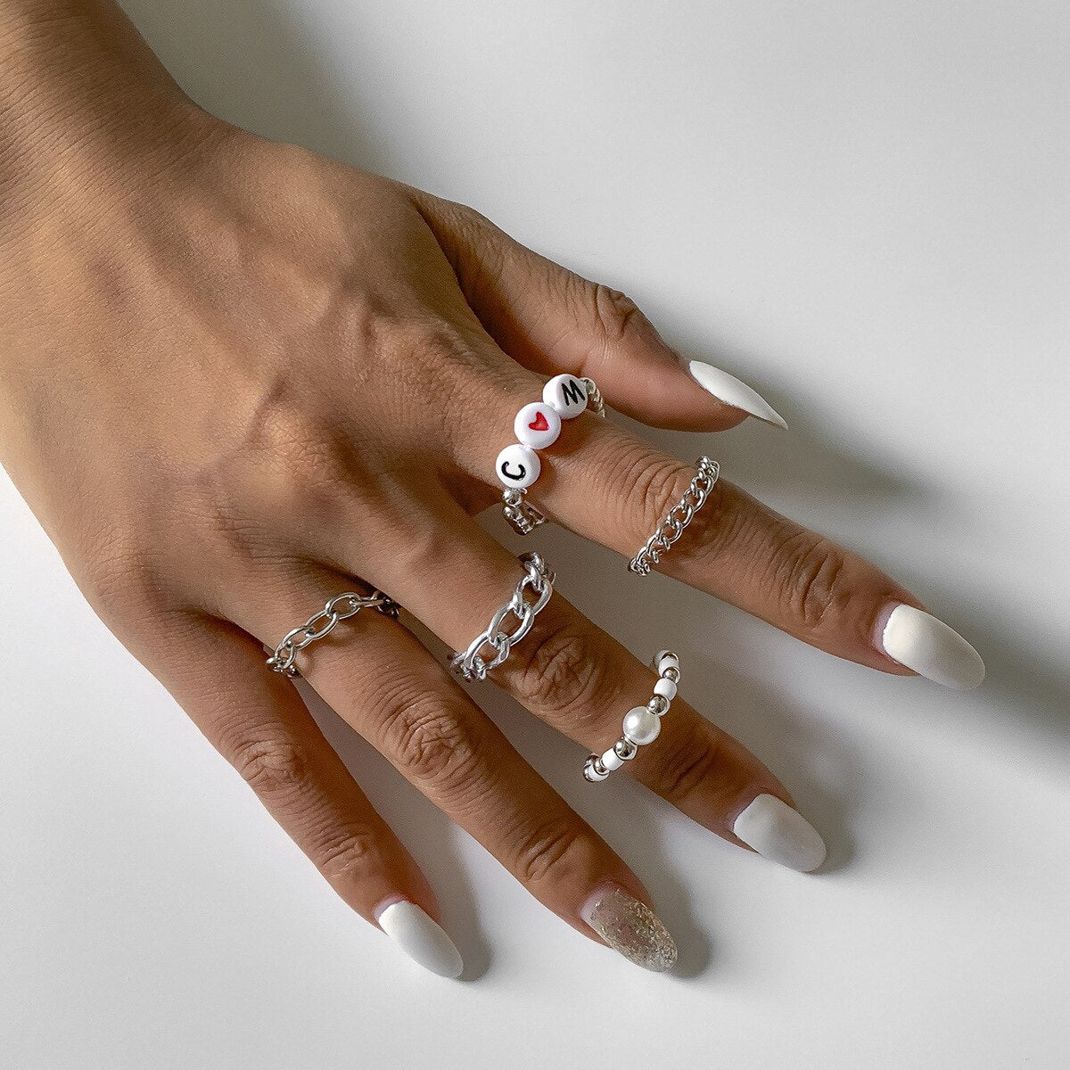 5pcs/set Trendy Geometric Hollow Link Chain Rings Simple Creative Jewelry Acrylic Letter Statement Rings Jewelry For Women Gifts daiiibabyyy