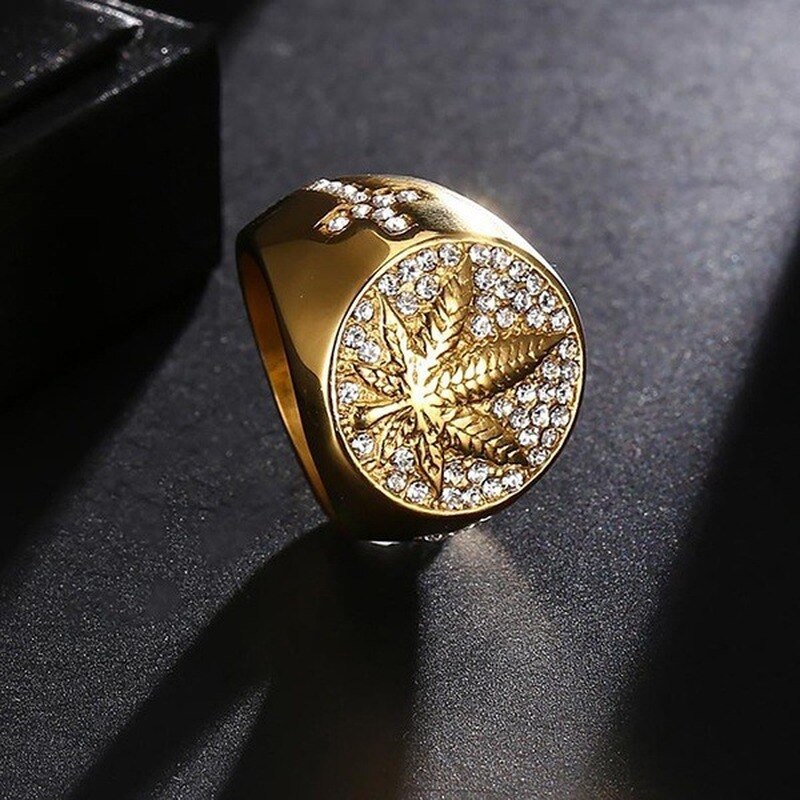 Business Men's 18k Gold Filling Carved Golden Maple Leaf Rings for Men Punk Inlaid with White Zircon Wedding Party Jewelry daiiibabyyy