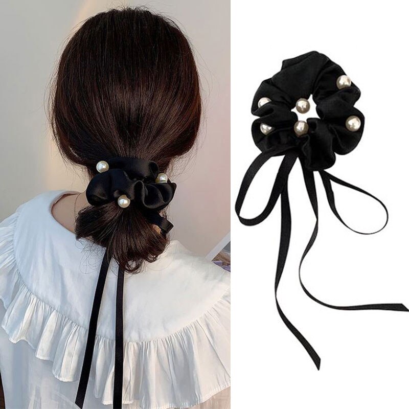 Bow Tie Pearl Hair Accessories Simple Temperament Ponytail Head Rope Ribbon Hair Tie All-match Sweet Korean Style Headdress daiiibabyyy