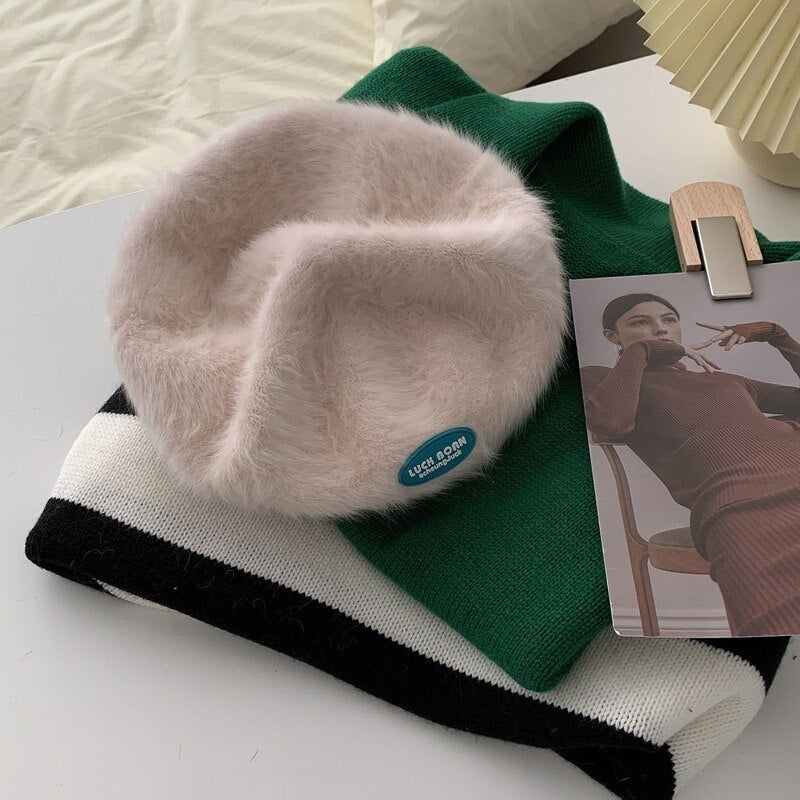 Autumn and Winter Warm Candy Color Painter Hat Rabbit Fur Women Beret Women Luck Born Slogan Fashion Hat Luxury Winter Woman Hat daiiibabyyy