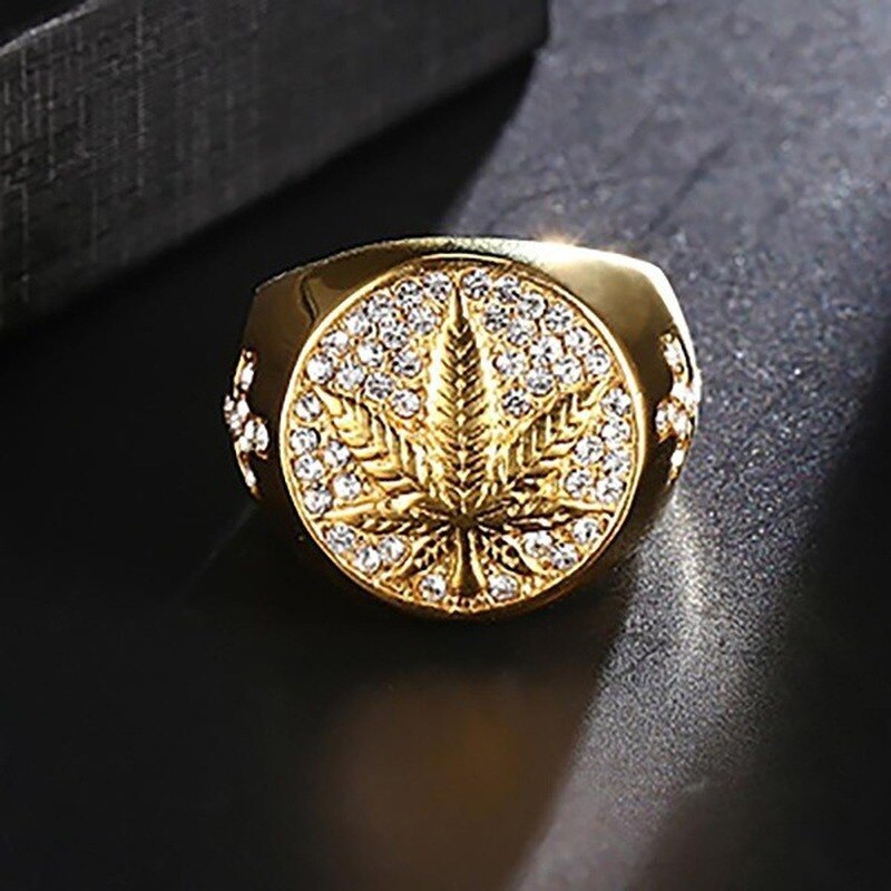 Business Men's 18k Gold Filling Carved Golden Maple Leaf Rings for Men Punk Inlaid with White Zircon Wedding Party Jewelry daiiibabyyy