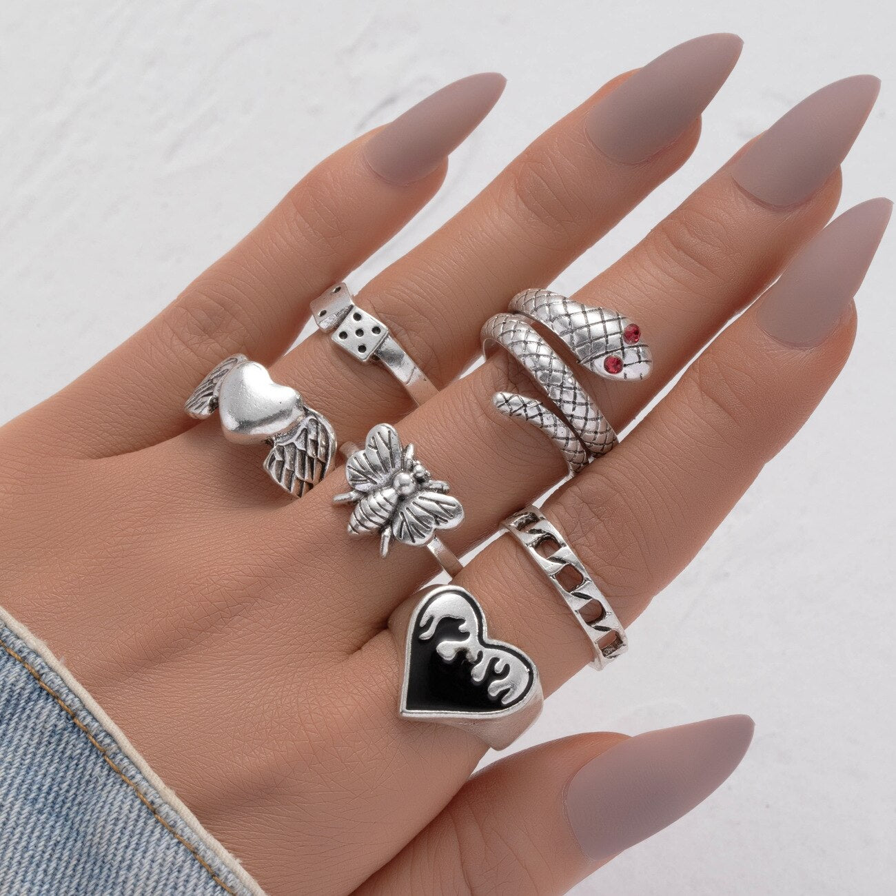 Brand New Retro Love Heart Silver Ring Men's and Women's Snake-shaped Dice Punk Style Jewelry Ring Always Love Combination 5 daiiibabyyy