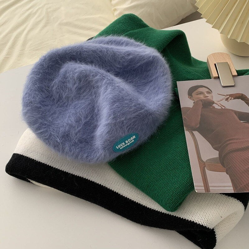 Autumn and Winter Warm Candy Color Painter Hat Rabbit Fur Women Beret Women Luck Born Slogan Fashion Hat Luxury Winter Woman Hat daiiibabyyy