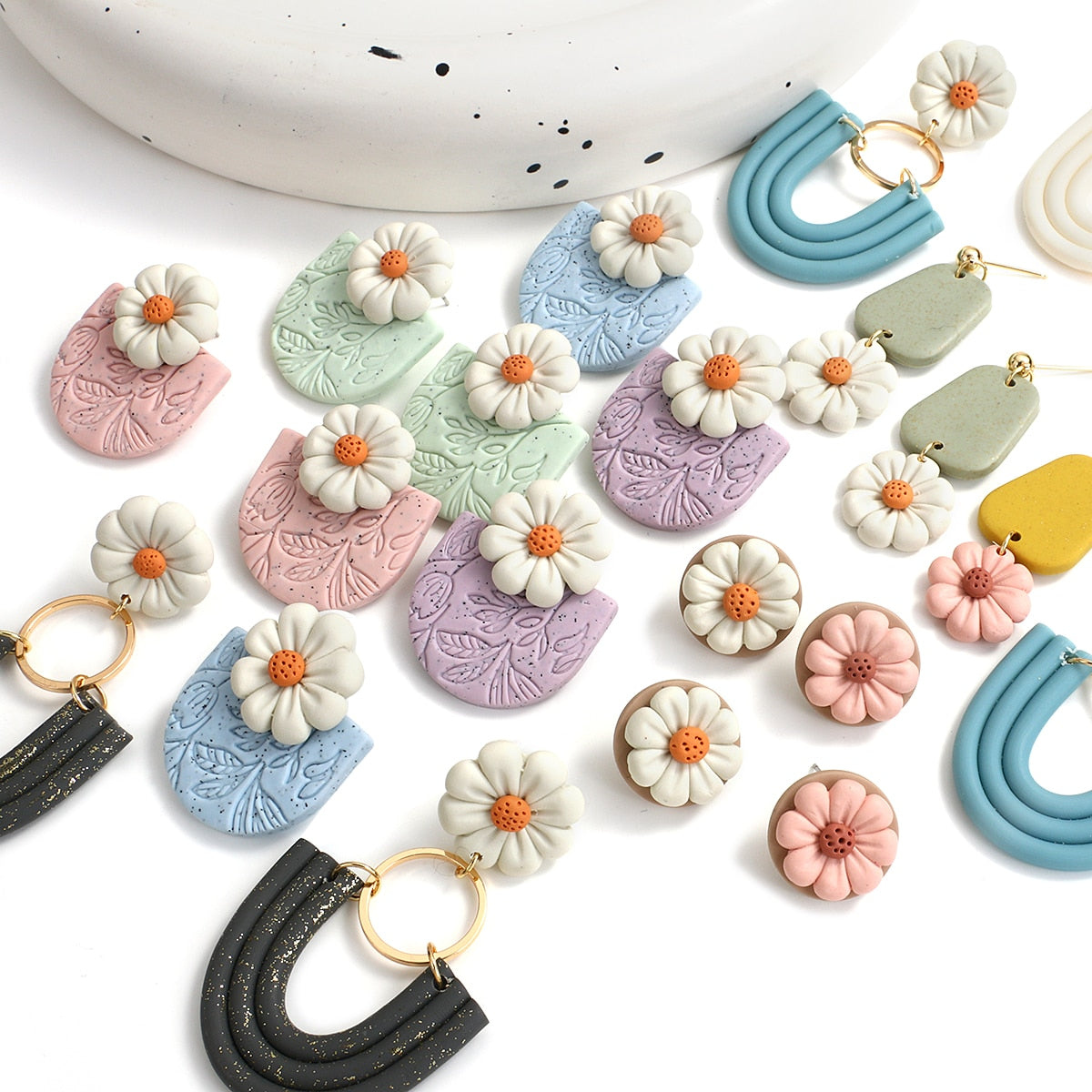 AENSOA Multiple Fashion Handmade Polymer Clay Earrings Multicolor Geometric Round Circle Flowers Drop Pendant Layered Earrings daiiibabyyy
